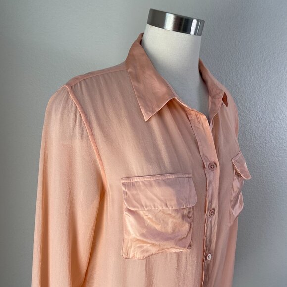 Equipment Femme Womens Large Peach 100% Silk Button Up Sheer Blouse Shirt - Picture 2 of 10